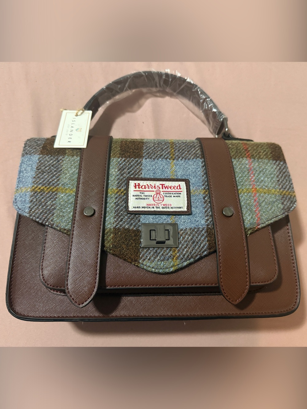Brown Leather & Blue Plaid Satchel - Handbag